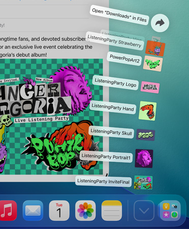 Close up of Dock across bottom with a series of files fanning out vertically from the Dock