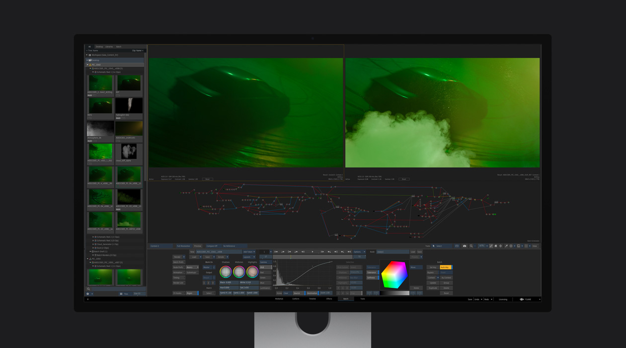 Deux images d’une voiture dans un programme d’effets visuels, l’image de droite inclut un nuage de fumées d’échappement ayant été ajouté