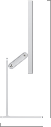 Vue latérale du Studio Display XDR avec support à inclinaison et hauteur réglables, indiquant la hauteur de l’écran en position haute