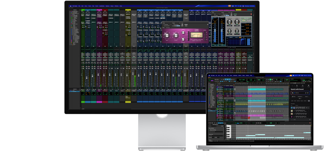 Studio Display en een Mac-laptop met een sessie in Pro Tools met Splice-integratie, het glas met nanotextuur vermindert reflecties op het donkere app-venster