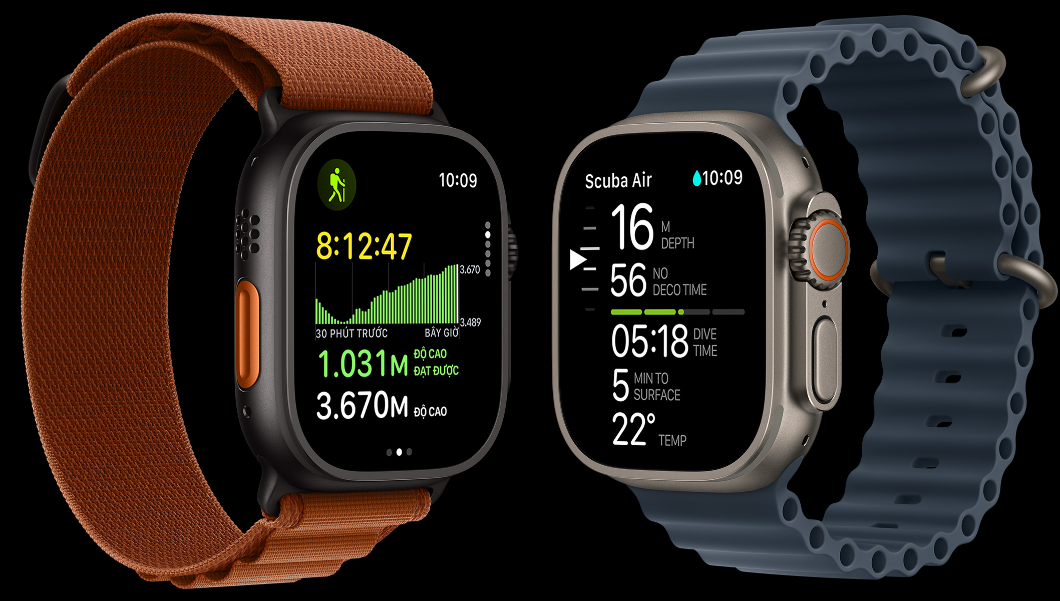 Apple Watch Ultra 3 devices, titanium cases, black and natural colors, trail map, diving metrics, bands, Alpine Loop, terra cotta color, Ocean Band anchor blue color