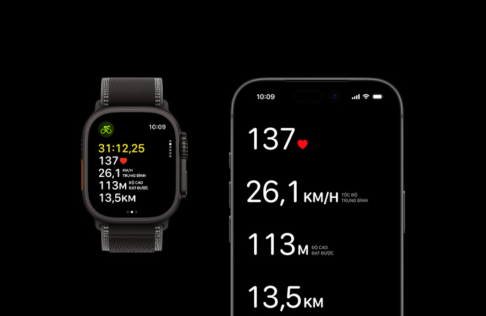 Apple Watch Ultra 3, black color, titanium case, Trail Loop, black/charcoal color,  iPhone, active workout metrics open on both devices