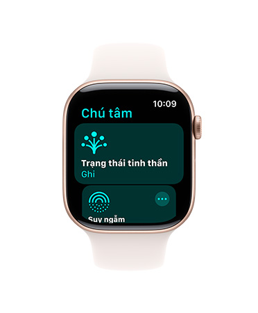 Apple Watch Series 11, aluminum case, rose gold color, Mindfulness app open, right side: Digital Crown, light blush Sport Band
