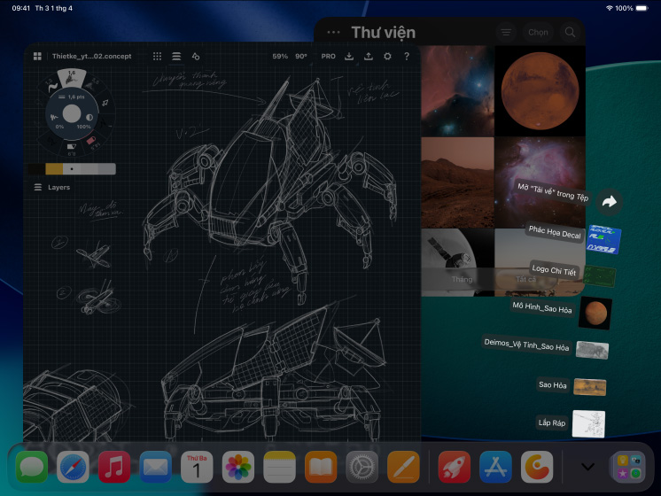 3 thiết bị iPad Pro, vỏ ngoài mặt trước, nằm ngang, màu đen không gian, Apple Pencil Pro nằm trên iPad Pro, 3 màn hình hiển thị ứng dụng chỉnh sửa ảnh với các dự án đang mở về một người mẫu trên nền đỏ, bản phác thảo các thiết kế cơ khí với công cụ điều chỉnh màu, thư viện ảnh, các tệp trong thư mục tải về xòe ra thành hình quạt, phần mềm lập mô hình 3D với các hình dạng hình học cũng như chú thích và công thức viết tay