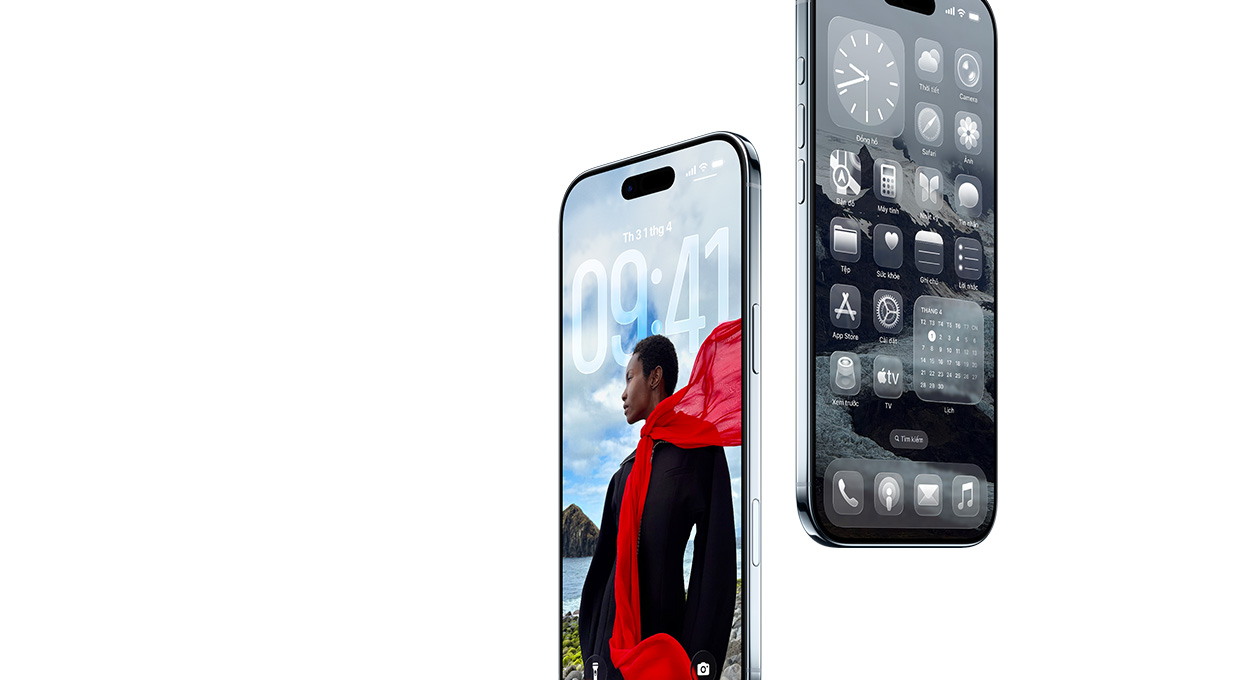 Two iPhone Air devices, front exterior, side exterior, thin profile, dynamic Lock Screen, Home Screen with Liquid Glass apps