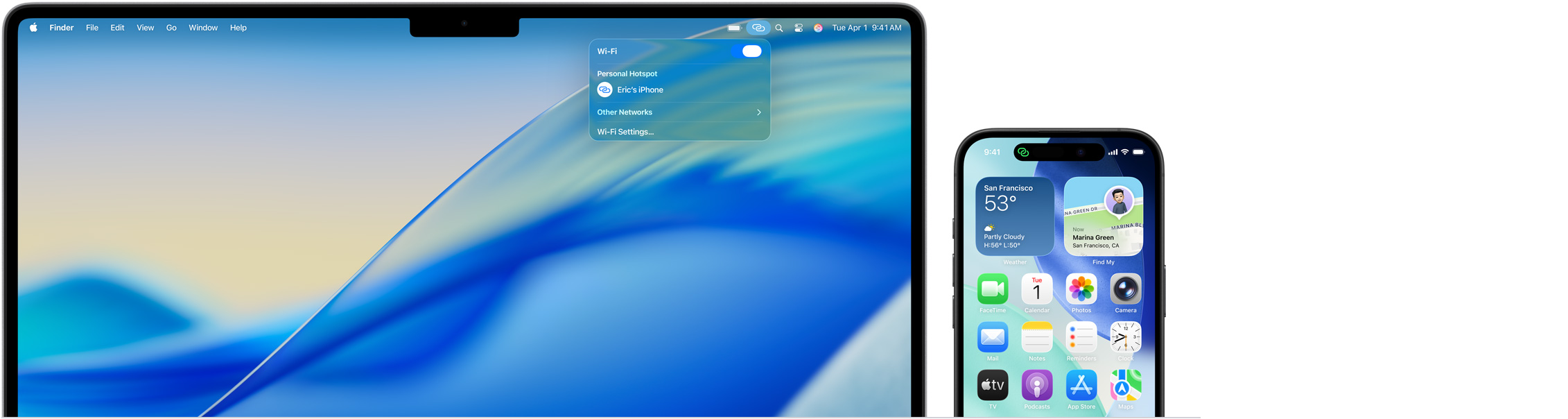 MacBook Pro 14 inch đang mở Trung Tâm Điều Khiển trong thanh menu, kết nối Điểm Truy Cập Cá Nhân có nội dung: iPhone của Eric, iPhone 16 với chỉ báo Điểm Truy Cập Cá Nhân màu xanh lá ở góc trên bên trái màn hình