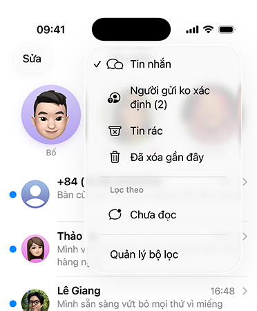 Ứng dụng Tin Nhắn hiển thị tính năng công cụ sàng lọc mới, nay giúp lọc các số không xác định vào một mục có tên là Người Gửi Không Xác Định